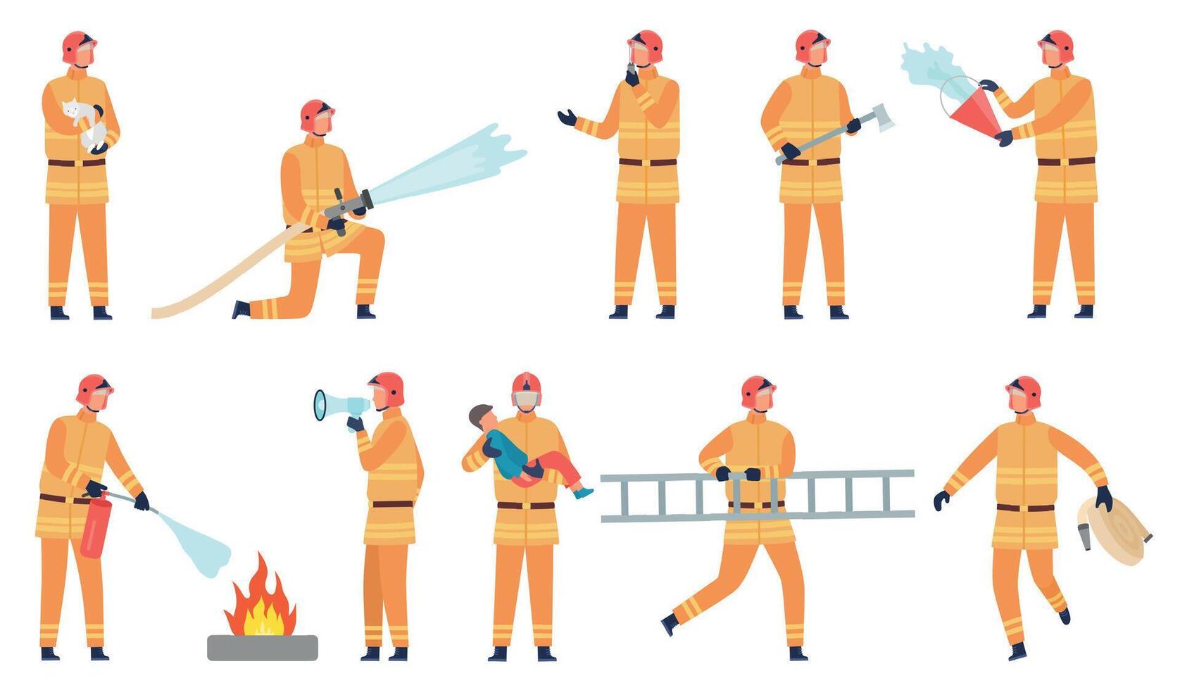 plano bombeiro personagem com mangueira, balde, fogo extintor e machado. bombeiro resgate criança. emergência serviço herói personagens vetor conjunto