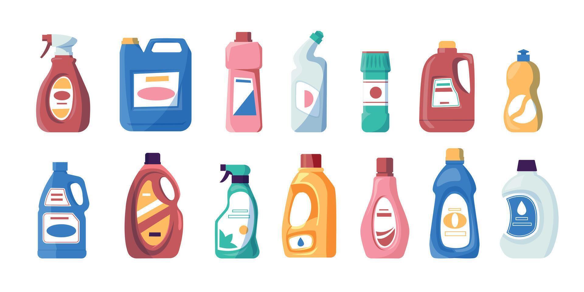 família produtos químicos. desenho animado líquido Sabonete e detergente garrafas, espuma e líquido limpeza produtos para casa e banheiro. vetor conjunto