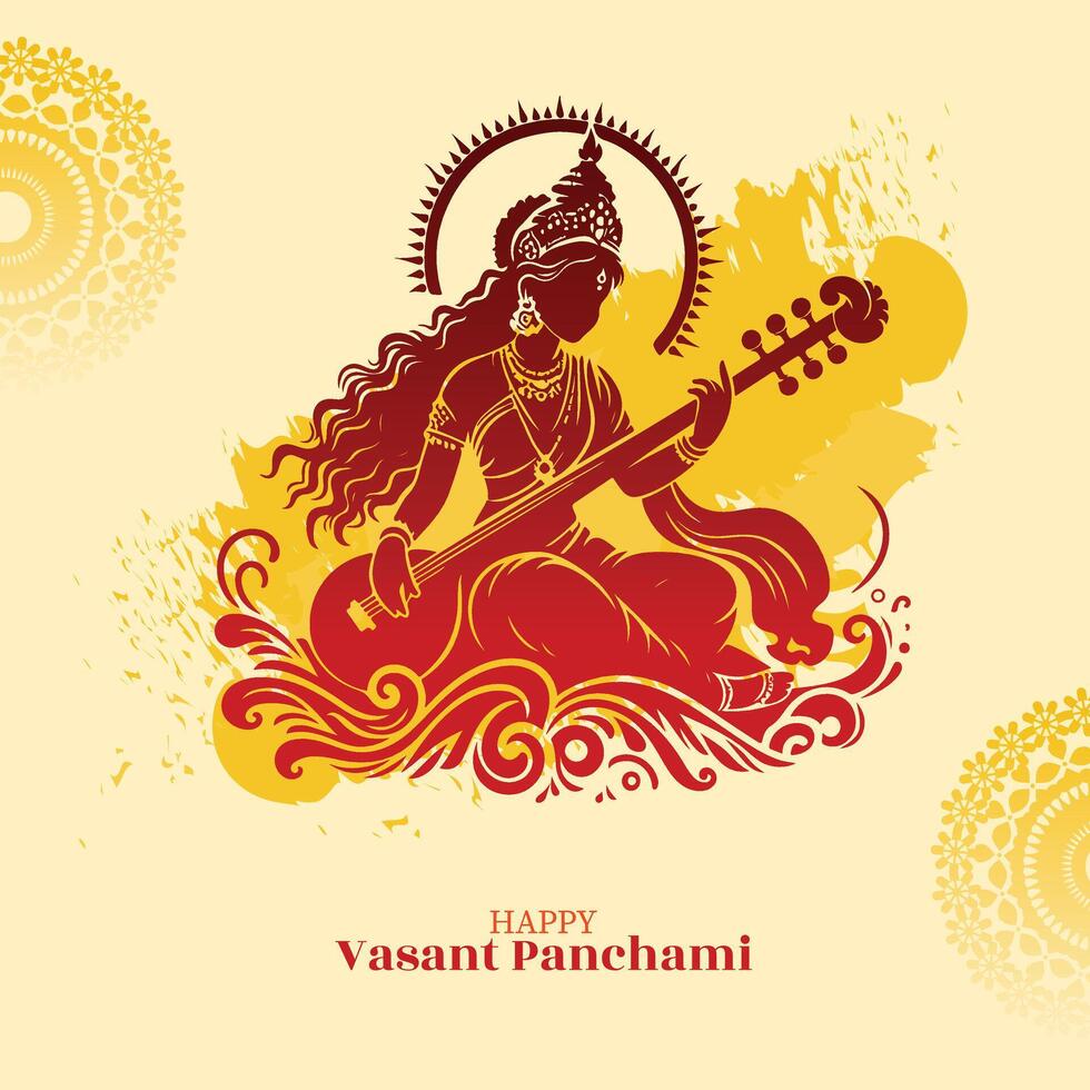feliz vasante panchami deusa saraswati com religioso festival fundo. poster, bandeira, folheto vetor ilustração Projeto usando saraswati silhueta