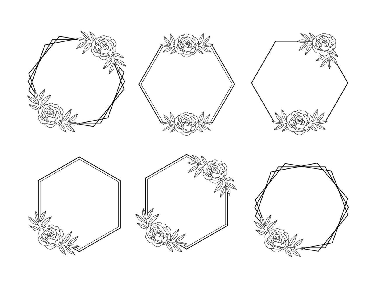 hexagonal quadro, Armação decorado com rosa flor esboço vetor conjunto