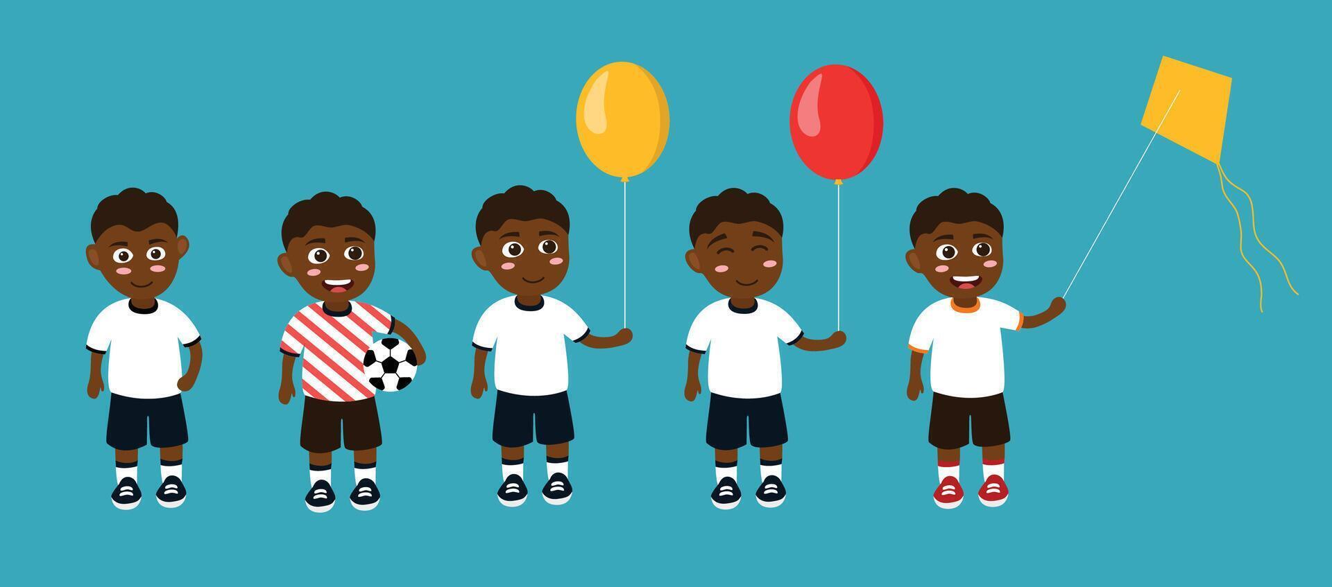 pequeno africano americano crianças Garoto definir. fofa Preto crianças jogar Atividades, segurando bola, pipa, e balão vetor ilustração