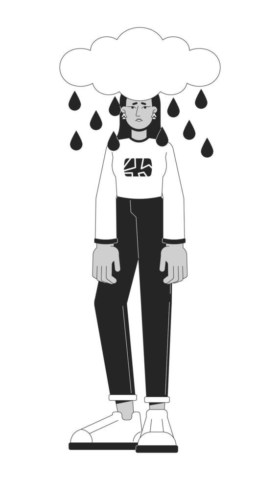 mulher dentro mau humor Preto e branco 2d ilustração conceito. depressivo pessimista meio Oriental menina desenho animado esboço personagem isolado em branco. chuva nuvem acima cabeça metáfora monocromático vetor arte