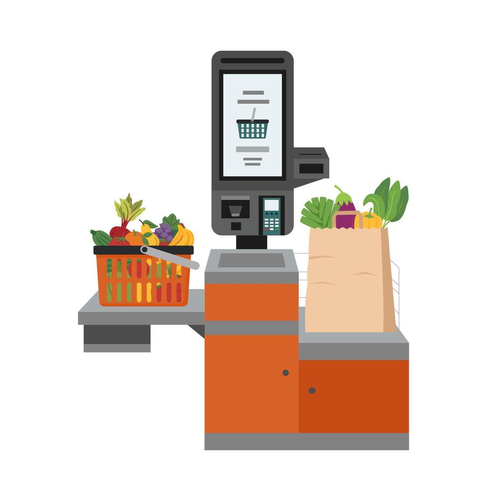 self-service Verificação de saída com compras saco e compras cesta cheio do Comida dentro a supermercado isolado em branco. self-service e auto Forma de pagamento terminal. vetor