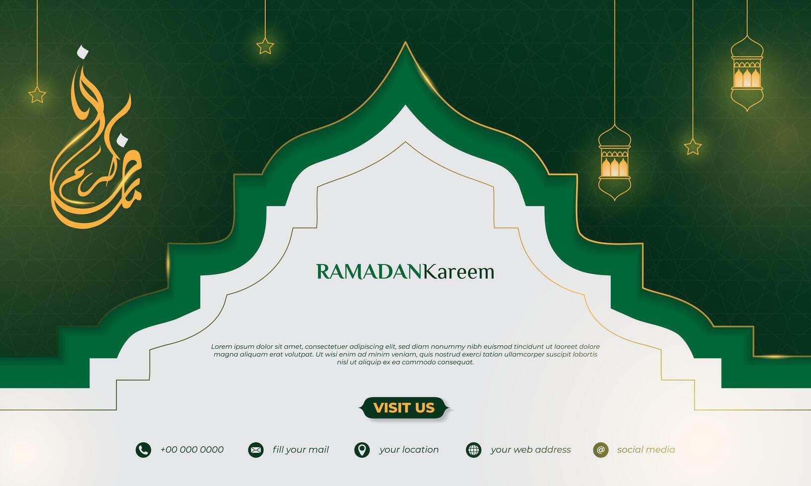 verde branco islâmico mesquita fundo Projeto com lanterna e Estrela para Ramadã kareem campanha. árabe texto significar é Ramadã kareem vetor