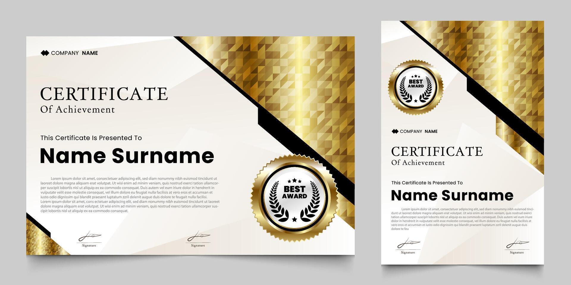 prêmio certificado com uma luxuoso ouro geométrico mosaico fundo. graduação Projeto elementos, melhor empregados e outras vetor