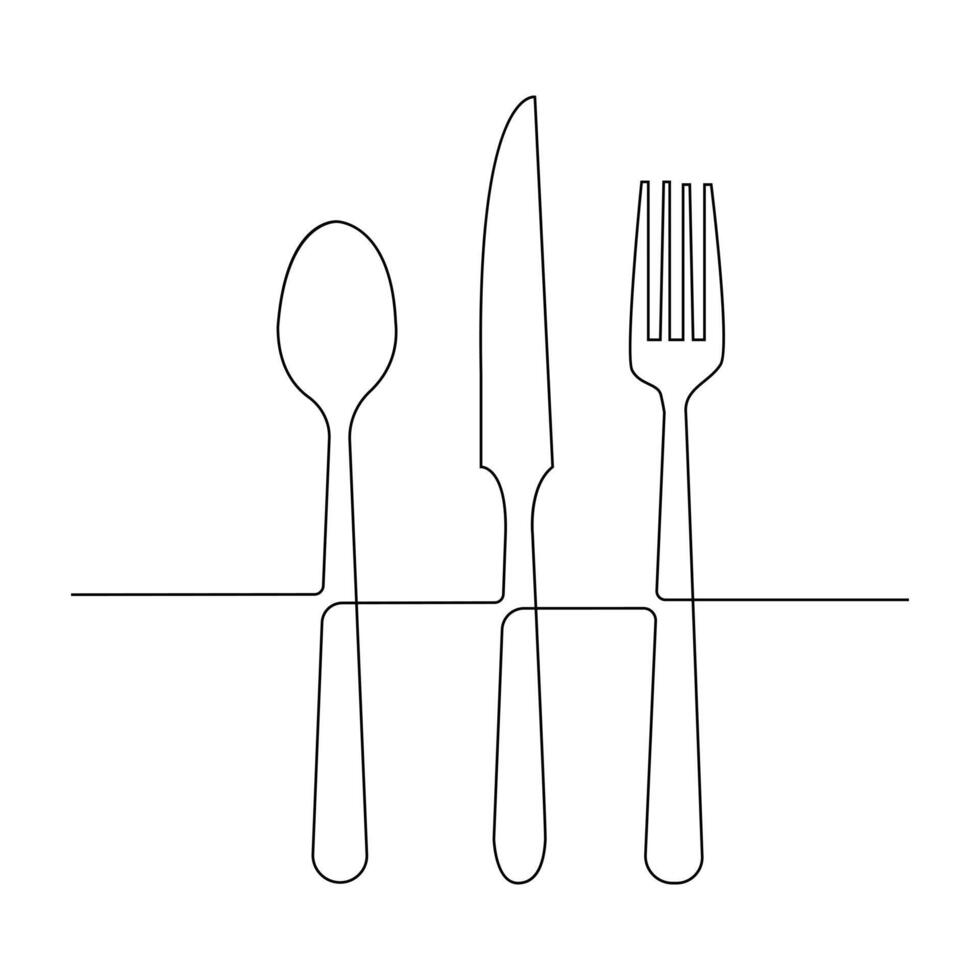 vetor colher garfo faca contínuo 1 linha desenhando em branco fundo estoque ilustração
