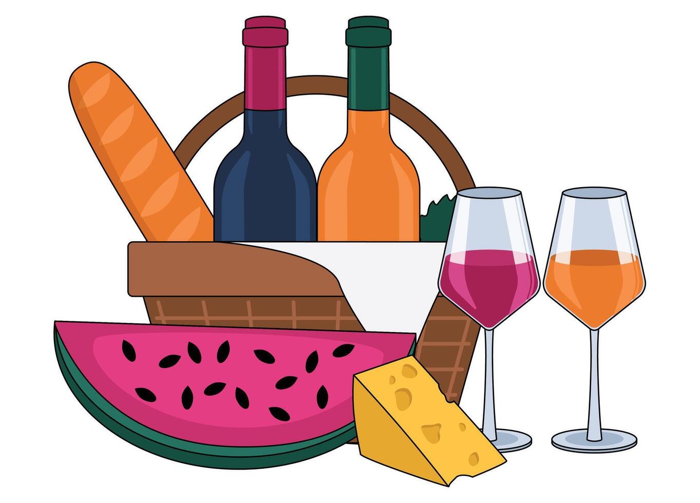 garrafa do vermelho vinho, uma garrafa do laranja vinho, vinho copos, queijo, baguete, Melancia e uma piquenique cesta. com a contorno. vetor gráfico.