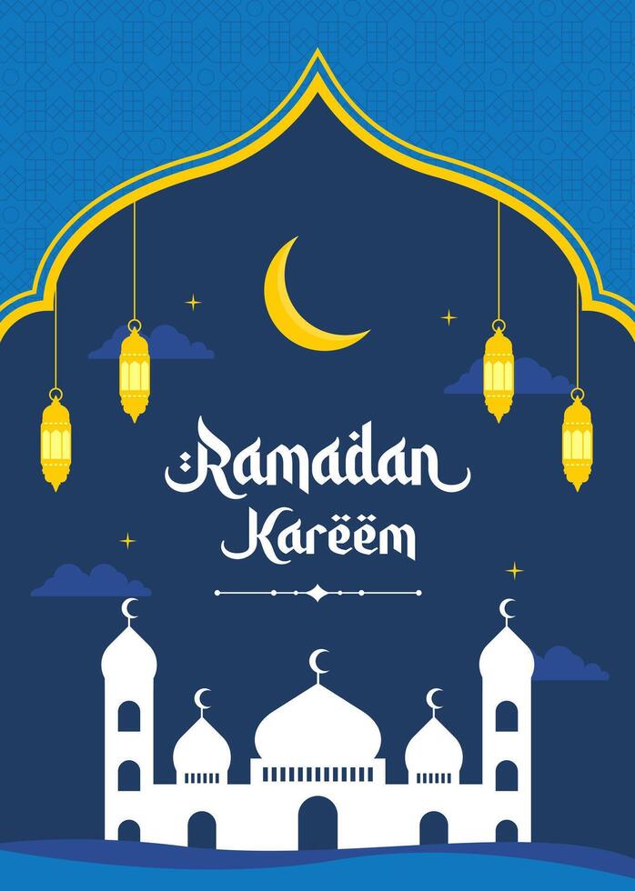islâmico Ramadã celebração azul modelo poster Projeto com mesquita, e lanternas. Ramadã quadro, Armação fundo vetor ilustração