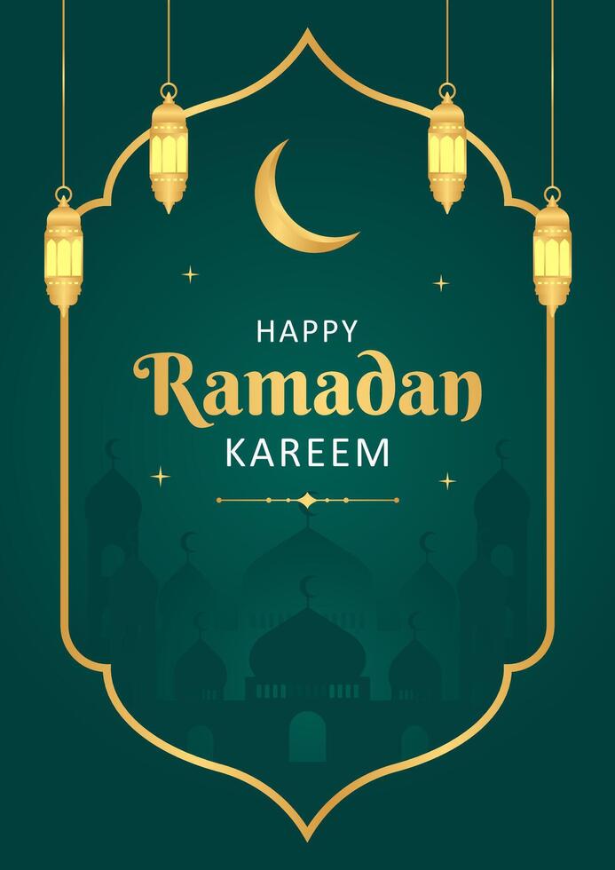 islâmico Ramadã celebração modelo poster Projeto com ouro quadro, Armação e lanterna ilustração. Ramadã verde fundo, cobrir vetor