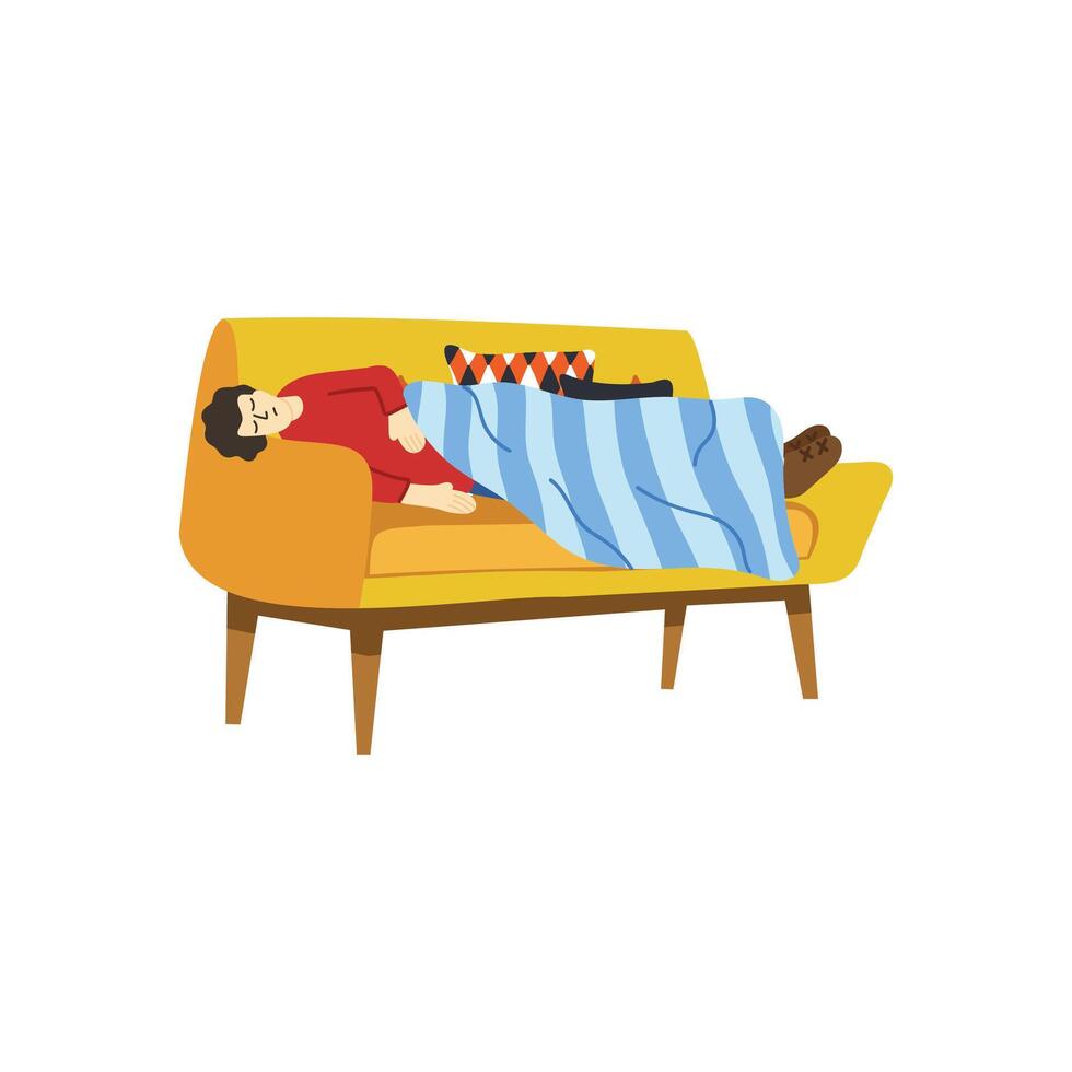 ilustração do uma homem tentou e relaxante em sofá vetor