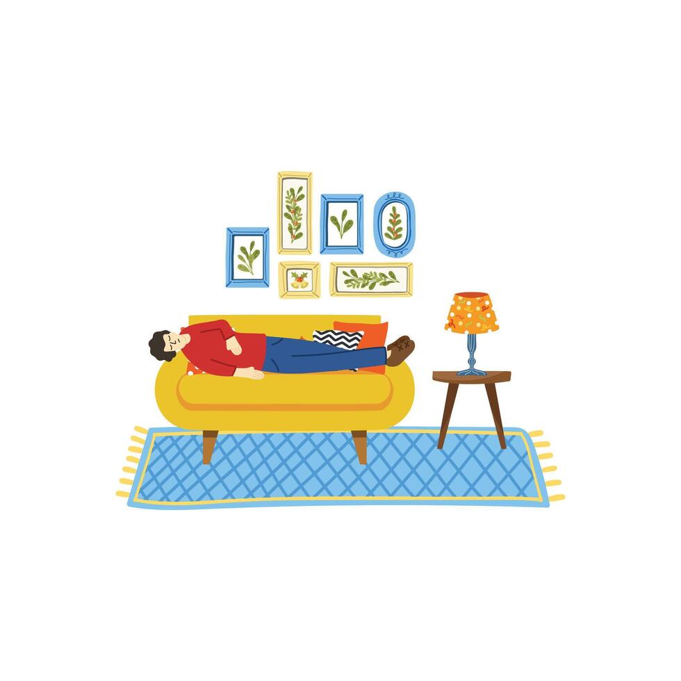ilustração do uma homem tentou e relaxante dentro vivo quarto vetor