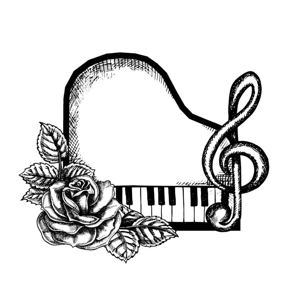 grande piano, topo visualizar, com agudo clave e rosas. gráfico vetor Preto e branco ilustração. para cartazes, folhetos e convite cartões. para faixas e cartões postais. para logotipos, Distintivos, adesivos.