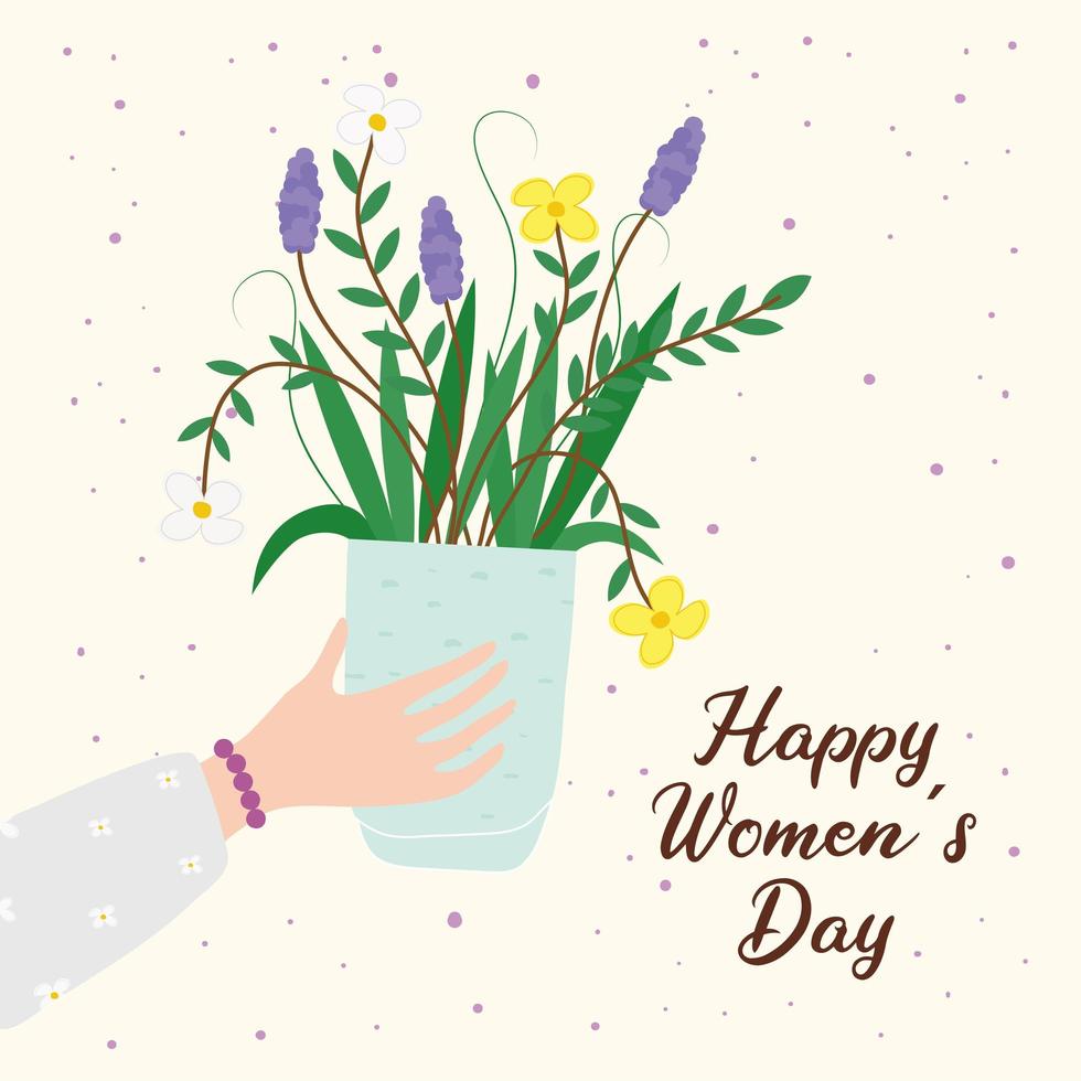 cartão de letras feliz dia das mulheres com mão levantando a planta da casa de flores vetor