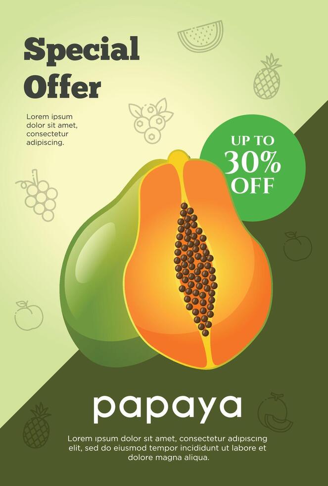 folheto especial oferta para mamão fruta produtos. fruta promoção folheto vetor