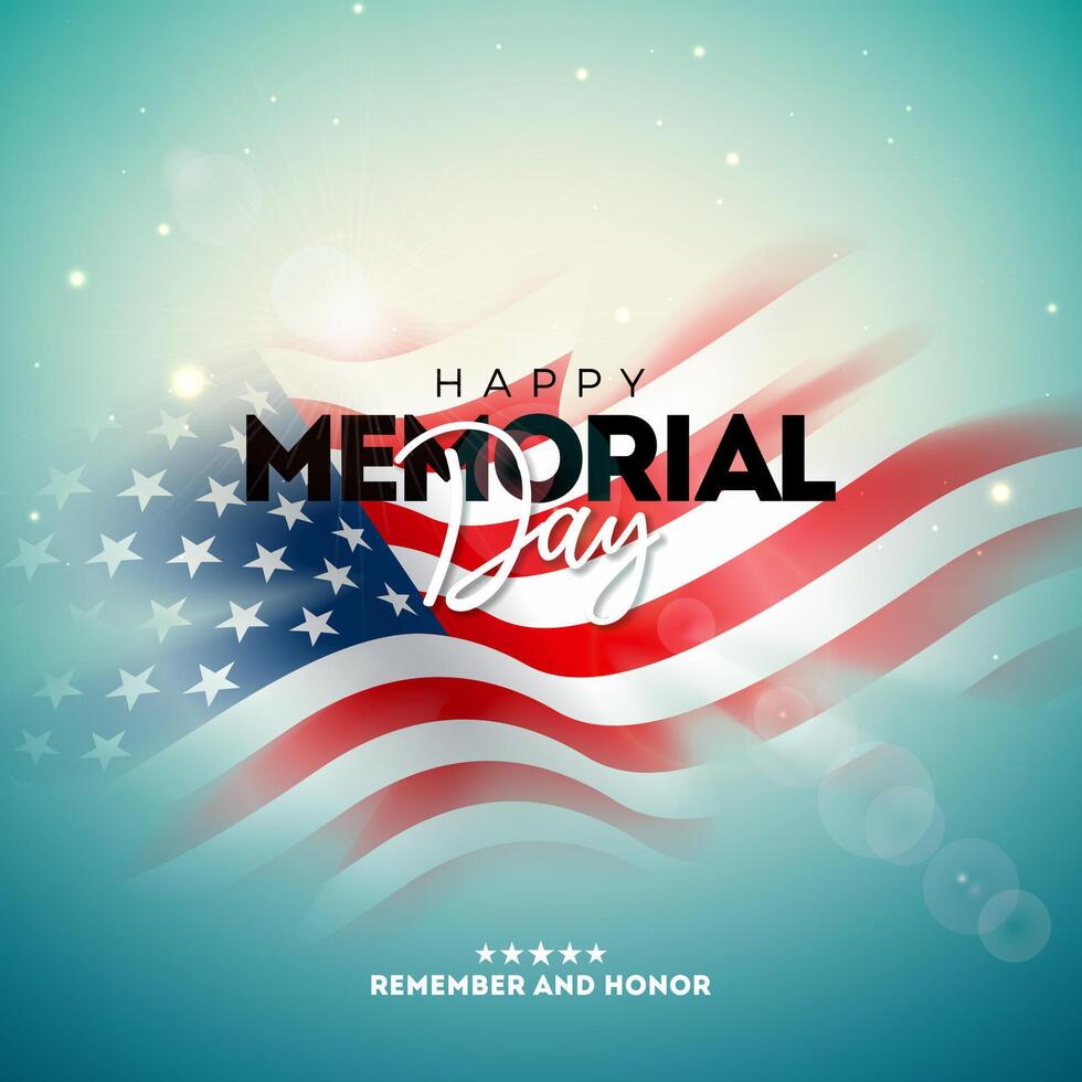 memorial dia do a EUA vetor Projeto modelo com blured americano bandeira em luz fundo. nacional patriótico celebração ilustração para bandeira, cumprimento cartão, convite ou feriado poster.