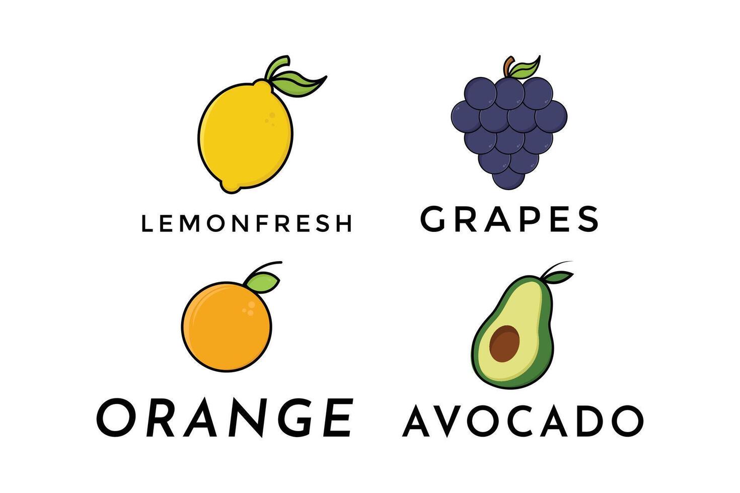 conjunto do colorida desenho animado fruta ícones uva, laranja, abacate e limão vetor Projeto modelo