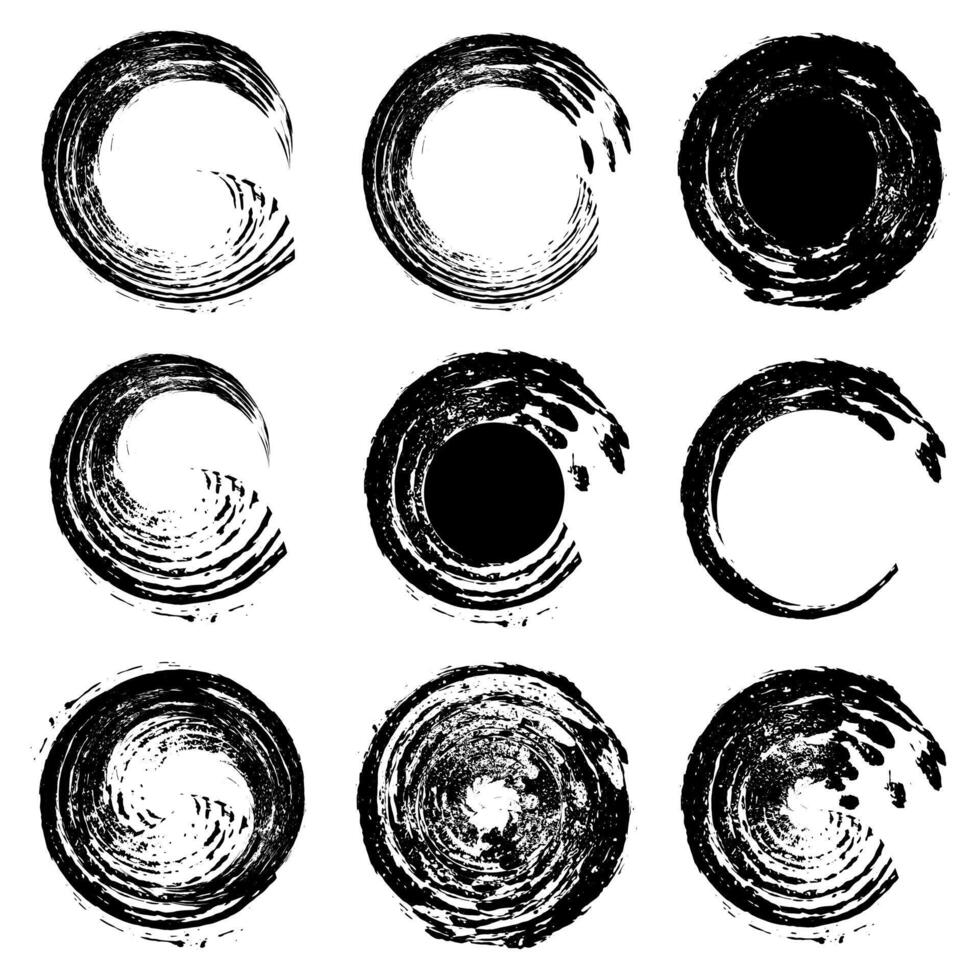 uma conjunto do Preto tinta círculos escova acidente vascular encefálico agrupar em uma branco fundo, preto e branco ícones definir, uma conjunto do Preto tinta redemoinhos em uma branco vetor