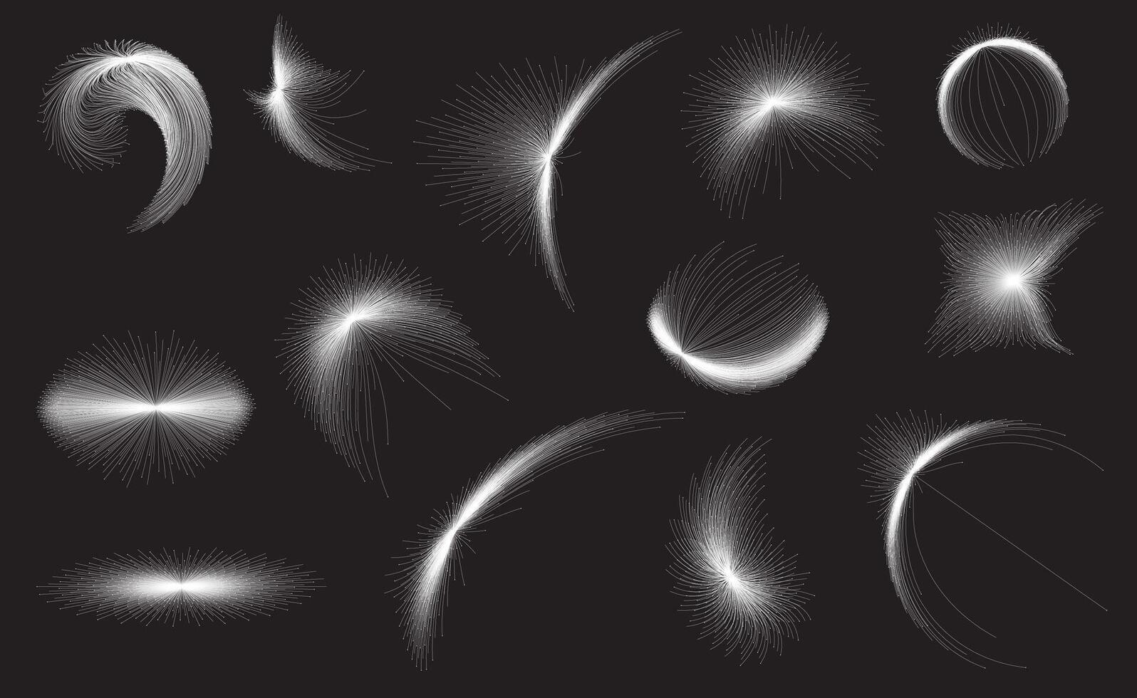 uma conjunto do abstrato icônico luz efeito círculo formas em a Preto fundo, conjunto do números e estrelas, conjunto do bolha e rodopio Estrela salpicos efeito símbolos ícone linha arte, vetor