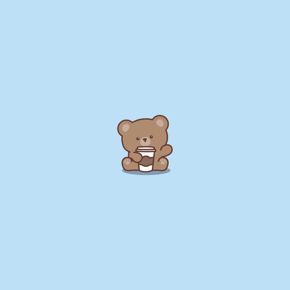 fofa Castanho Urso com café acenando pata desenho animado, vetor ilustração