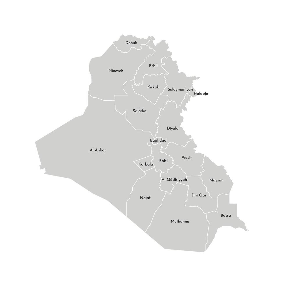 vetor isolado ilustração do simplificado administrativo mapa do Iraque. fronteiras e nomes do a províncias, regiões. cinzento silhuetas. branco esboço