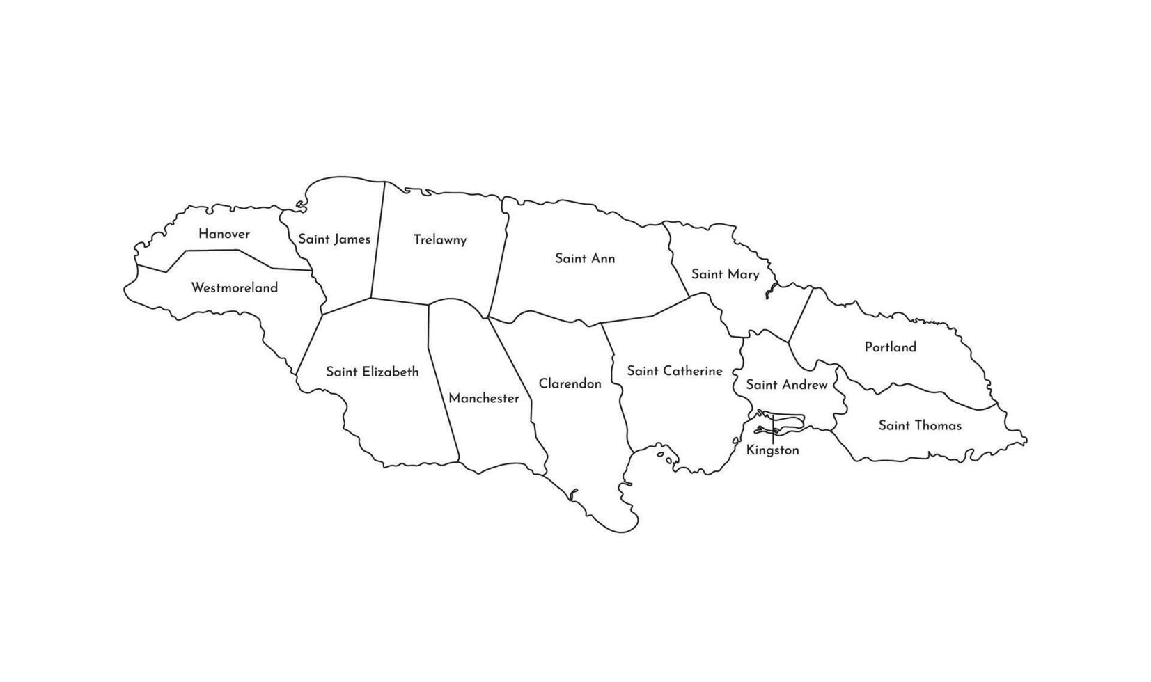 vetor isolado ilustração do simplificado administrativo mapa do Jamaica. fronteiras e nomes do a paróquias, regiões. Preto linha silhuetas.