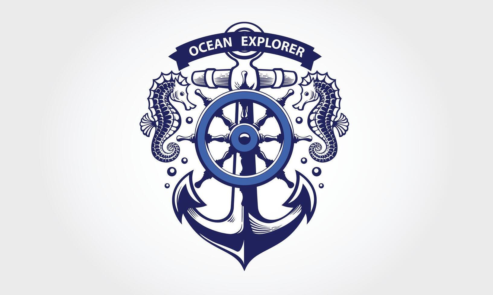 oceano explorador vetor logotipo modelo. isto logotipo com navio âncora, e cavalo marinho uma ótimo adequado para mergulho clube, mar e oceano exploração aventura náutico ícone.