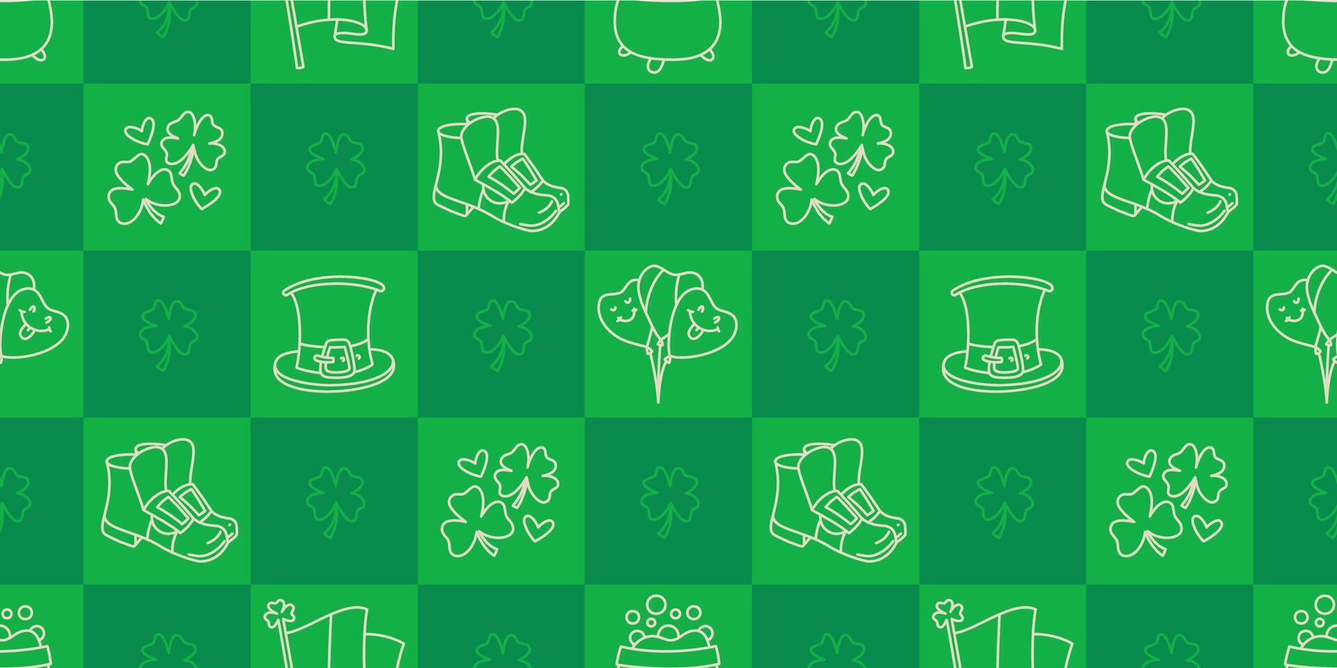 st patricks dia engraçado desatado padronizar com uma xadrez verde fundo e fofa desenhado à mão irlandês feriado ícones, símbolos, e elementos. vetor