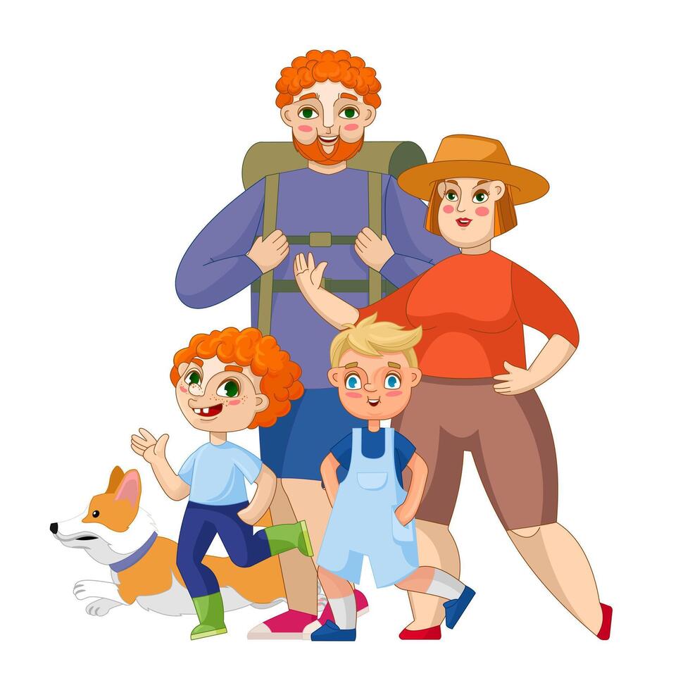 família passeio. natureza caminhada, campistas. desenho animado personagens vetor