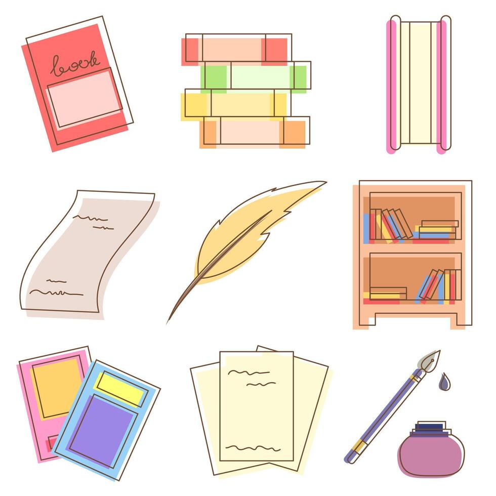 colorida vetor conjunto com ícones dentro plano estilo em a tema do livros, lendo e escrevendo
