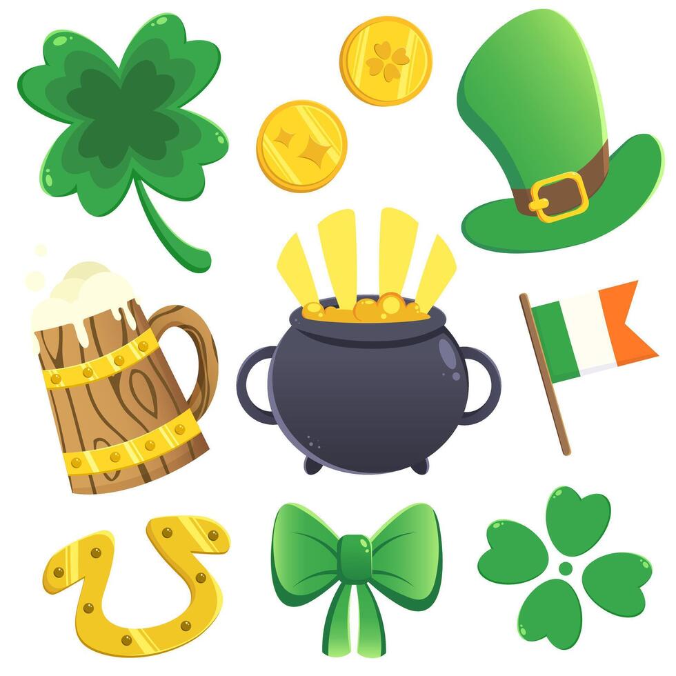 cor vetor conjunto com st. patrick's dia ícones, com trevo, ouro moedas, chapéu, ferradura, jogador chapéu, cerveja, bandeira e arco