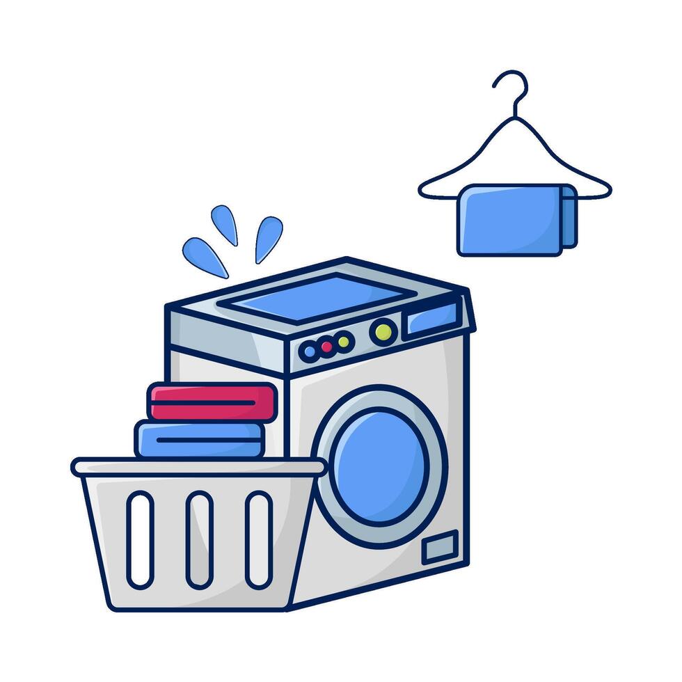 lavando máquina, toalha suspensão com lavanderia dentro cesta ilustração vetor