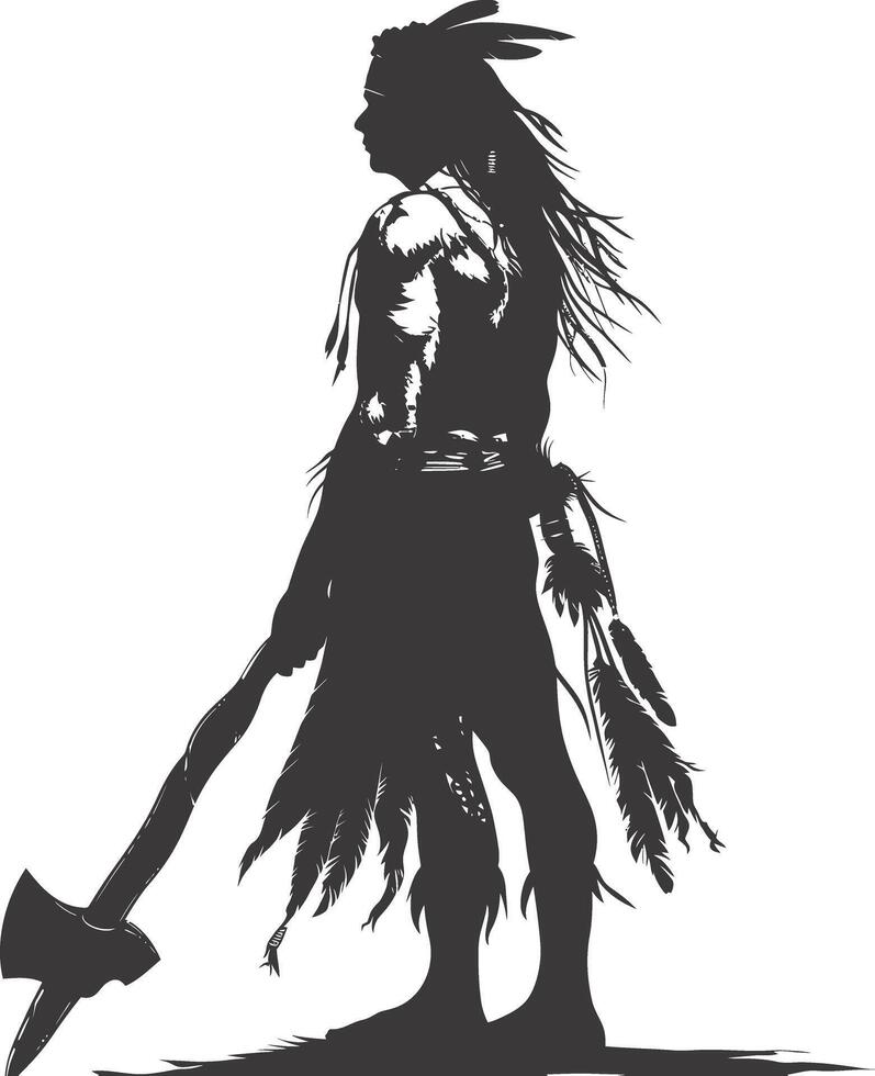 ai gerado silhueta nativo americano homem segurando pedra machado Preto cor só vetor