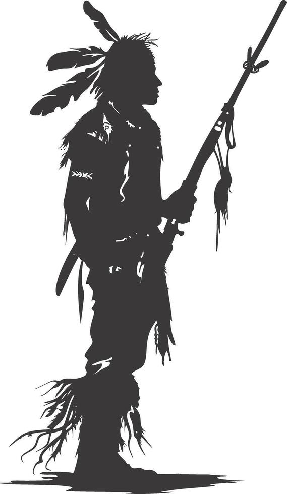 ai gerado silhueta nativo americano homem segurando arma Preto cor só vetor