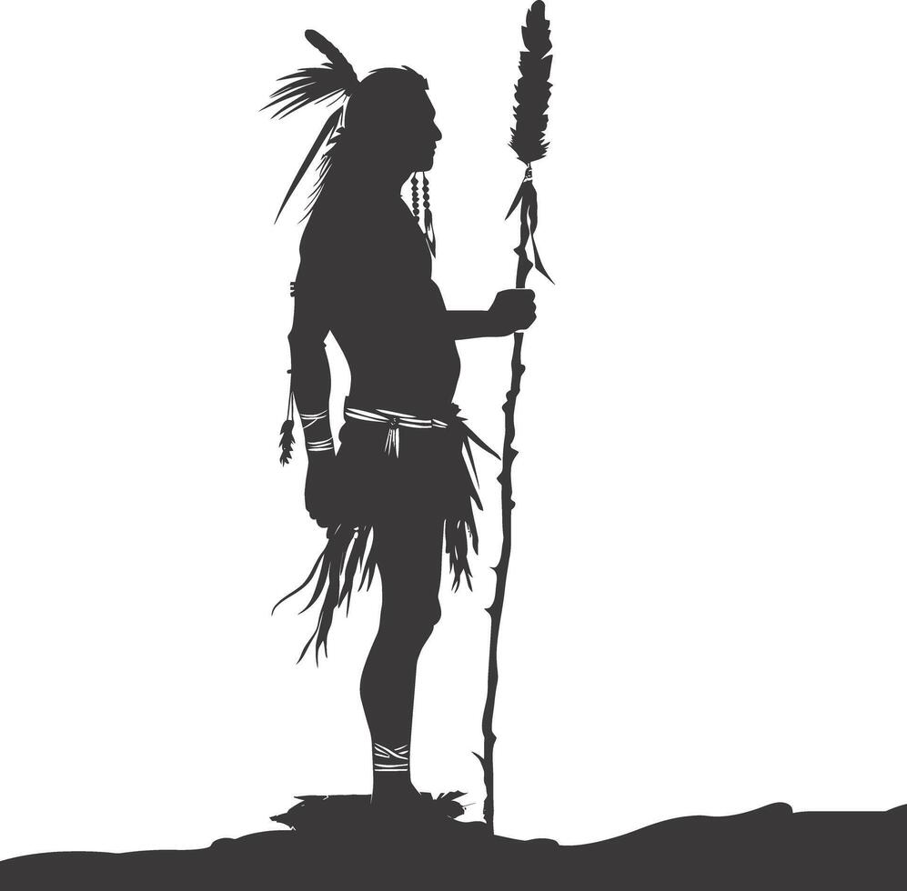 ai gerado silhueta nativo americano homem segurando arma Preto cor só vetor