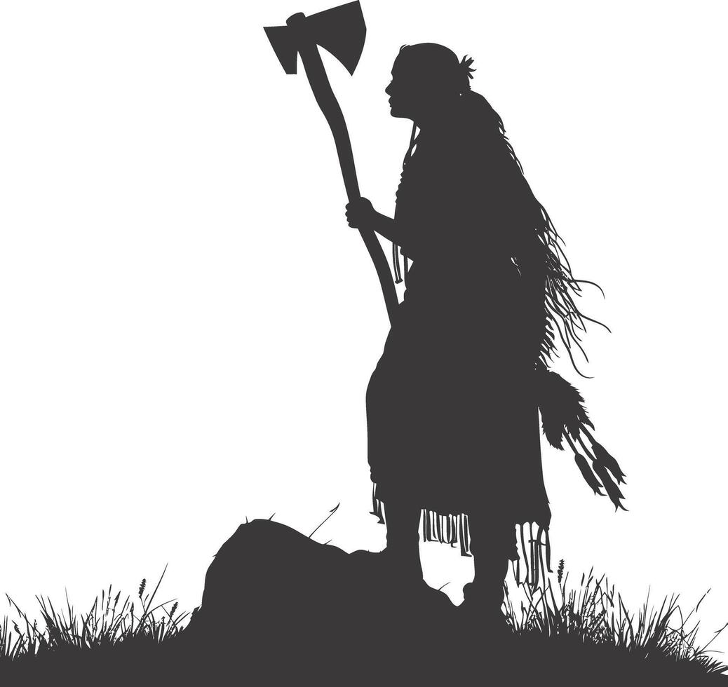 ai gerado silhueta nativo americano mulher segurando pedra machado Preto cor só cheio corpo vetor