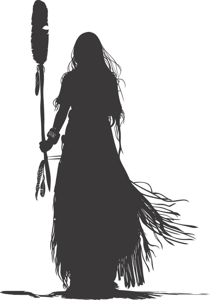 ai gerado silhueta nativo americano mulher segurando pedra arma Preto cor só cheio corpo vetor