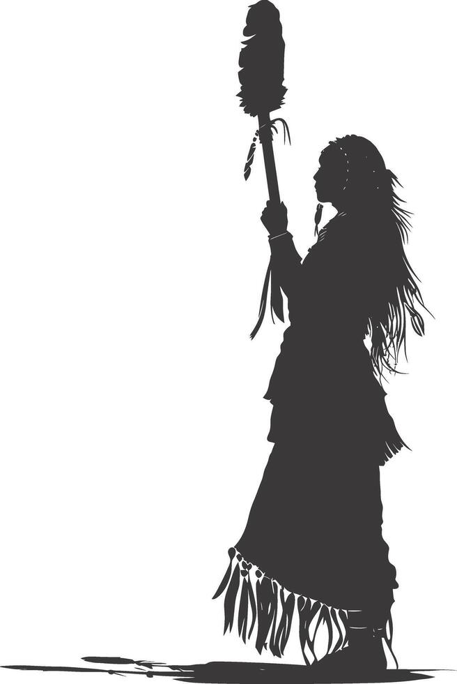 ai gerado silhueta nativo americano mulher segurando pedra arma Preto cor só cheio corpo vetor