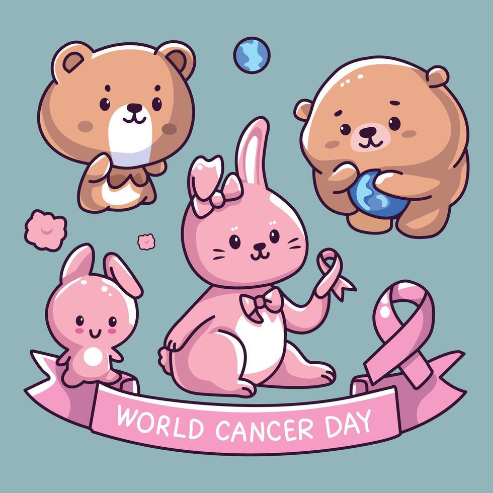 mundo Câncer dia fofa desenho animado animais conjunto mascote vetor ilustração