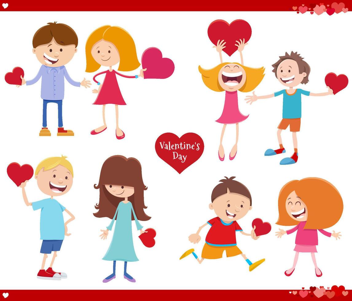 desenhos animados meninas e meninos com cartões no dia dos namorados conjunto vetor