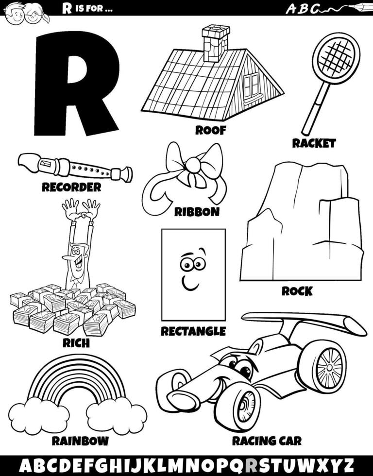 carta r conjunto com desenho animado objetos e personagens coloração página vetor