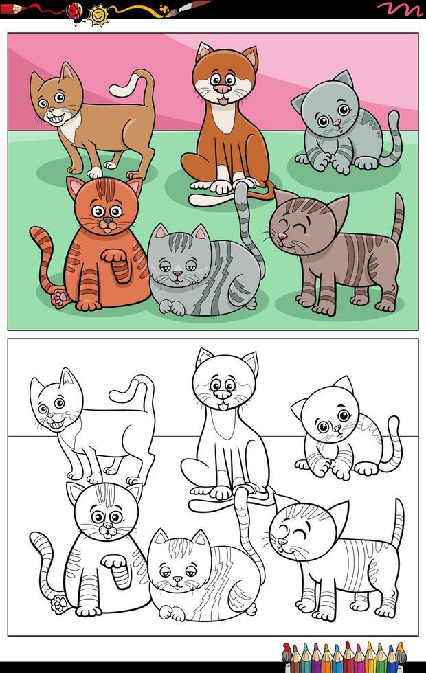 desenho animado gatos e gatinhos personagens grupo coloração página vetor