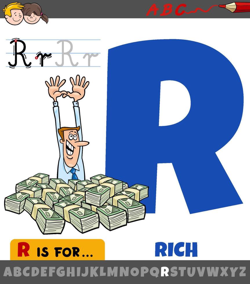 carta r planilha com desenho animado ilustração do rico frase vetor
