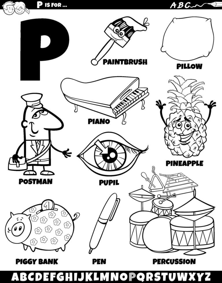 carta p conjunto com desenho animado objetos e personagens coloração página vetor