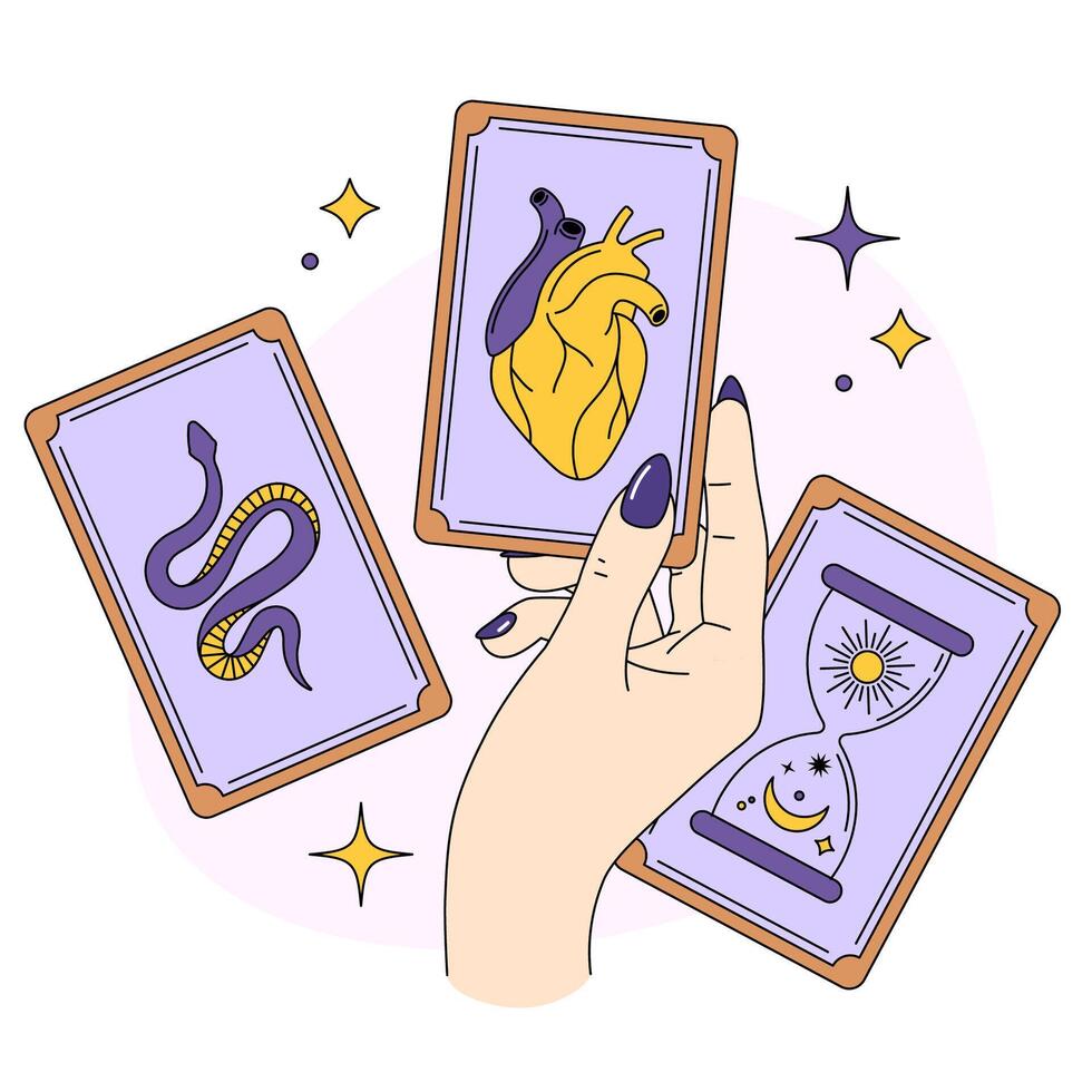 mulher mão segurando tarot cartão. esotérico, Magia, feitiçaria, astrologia ilustração. fortuna dizendo, místico desenhando vetor