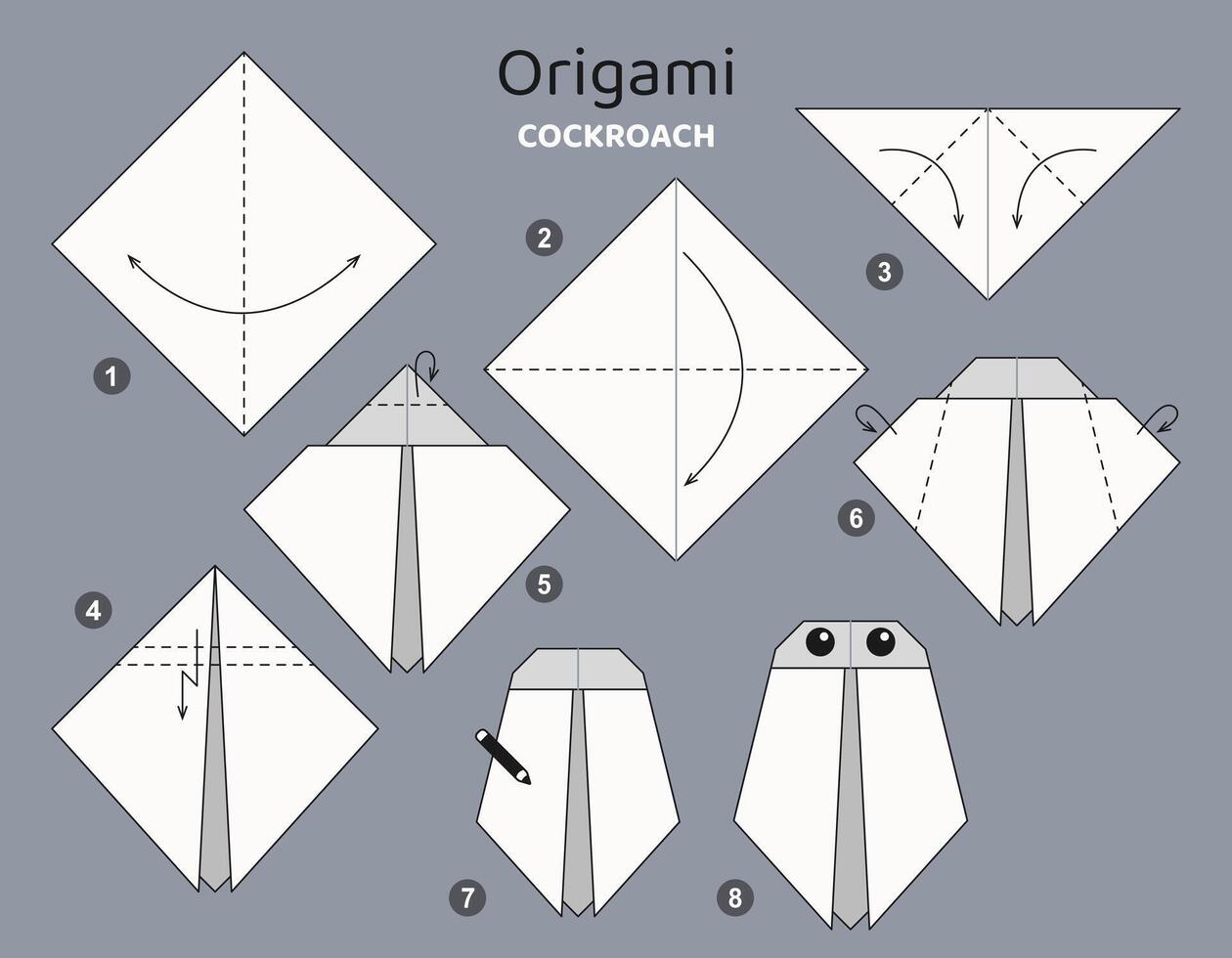 barata origami esquema tutorial comovente modelo. origami para crianças. degrau de degrau quão para faço uma fofa origami inseto. vetor ilustração.