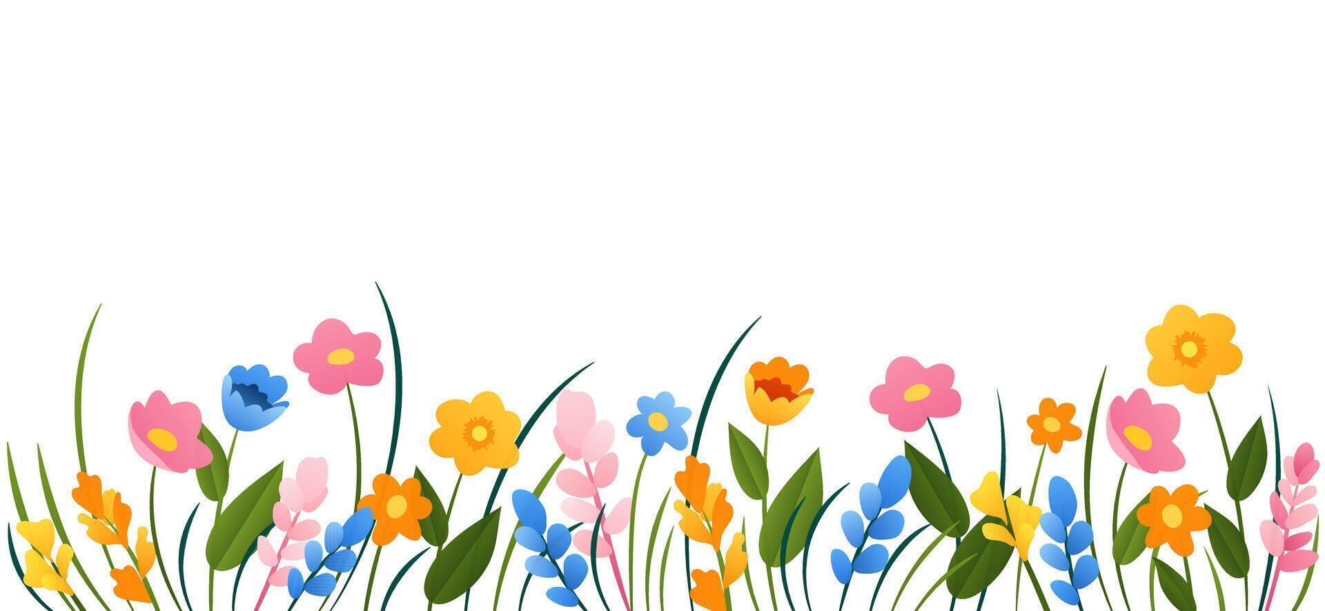 horizontal desenho animado bandeira com linda multicolorido florescendo flores, folhas fronteira. Primavera ou verão botânico plano vetor ilustração em branco fundo com esvaziar espaço.
