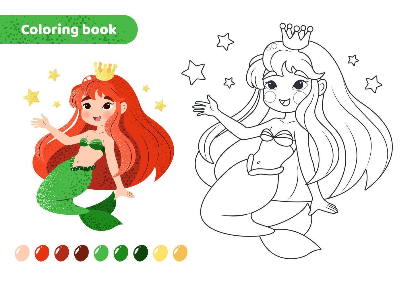 coloração livro para crianças. planilha para desenhando com desenho animado sereia. fofa mágico criatura. coloração página com cor paleta para crianças. vetor ilustração em branco fundo.