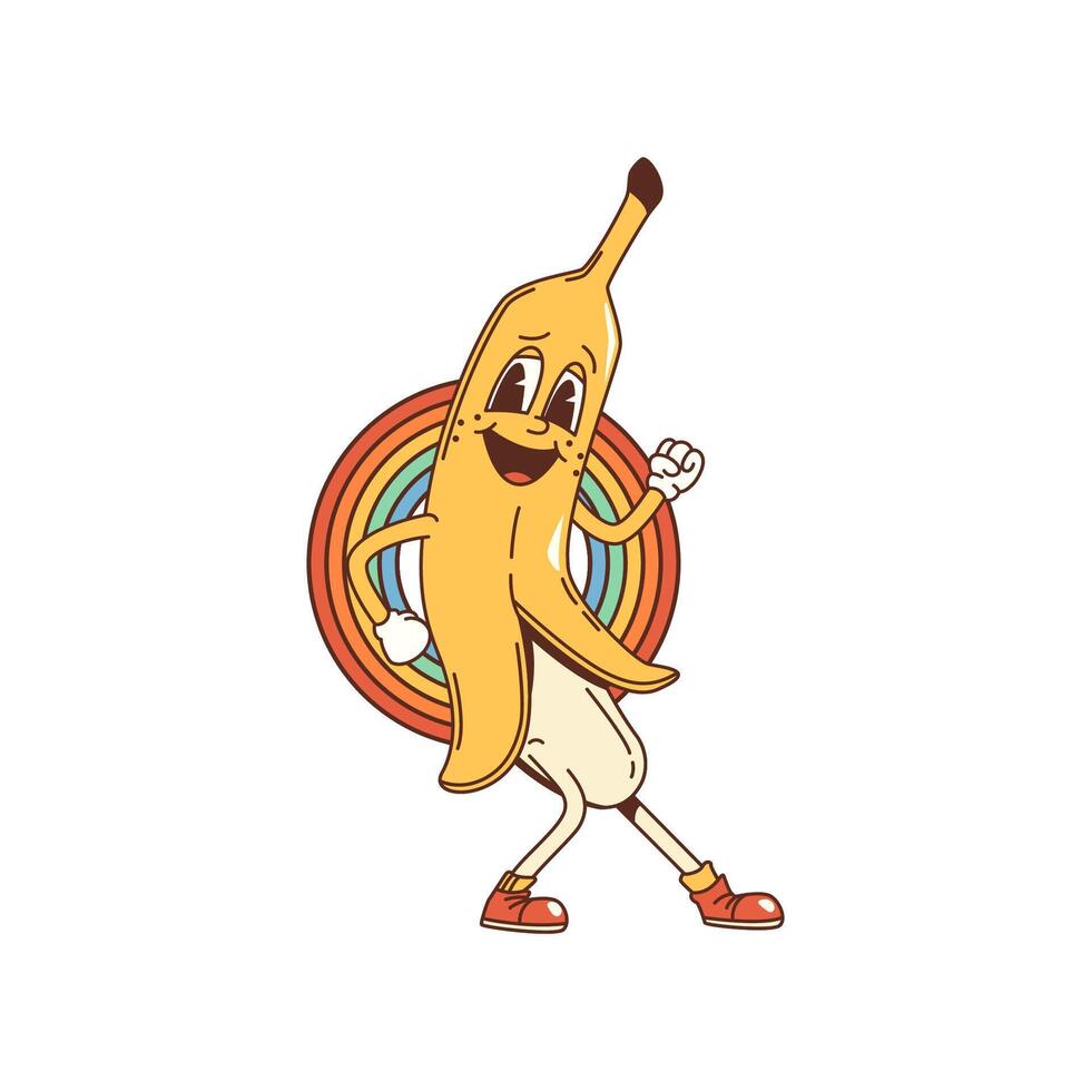 desenho animado groovy banana personagem, psicodélico fruta vetor