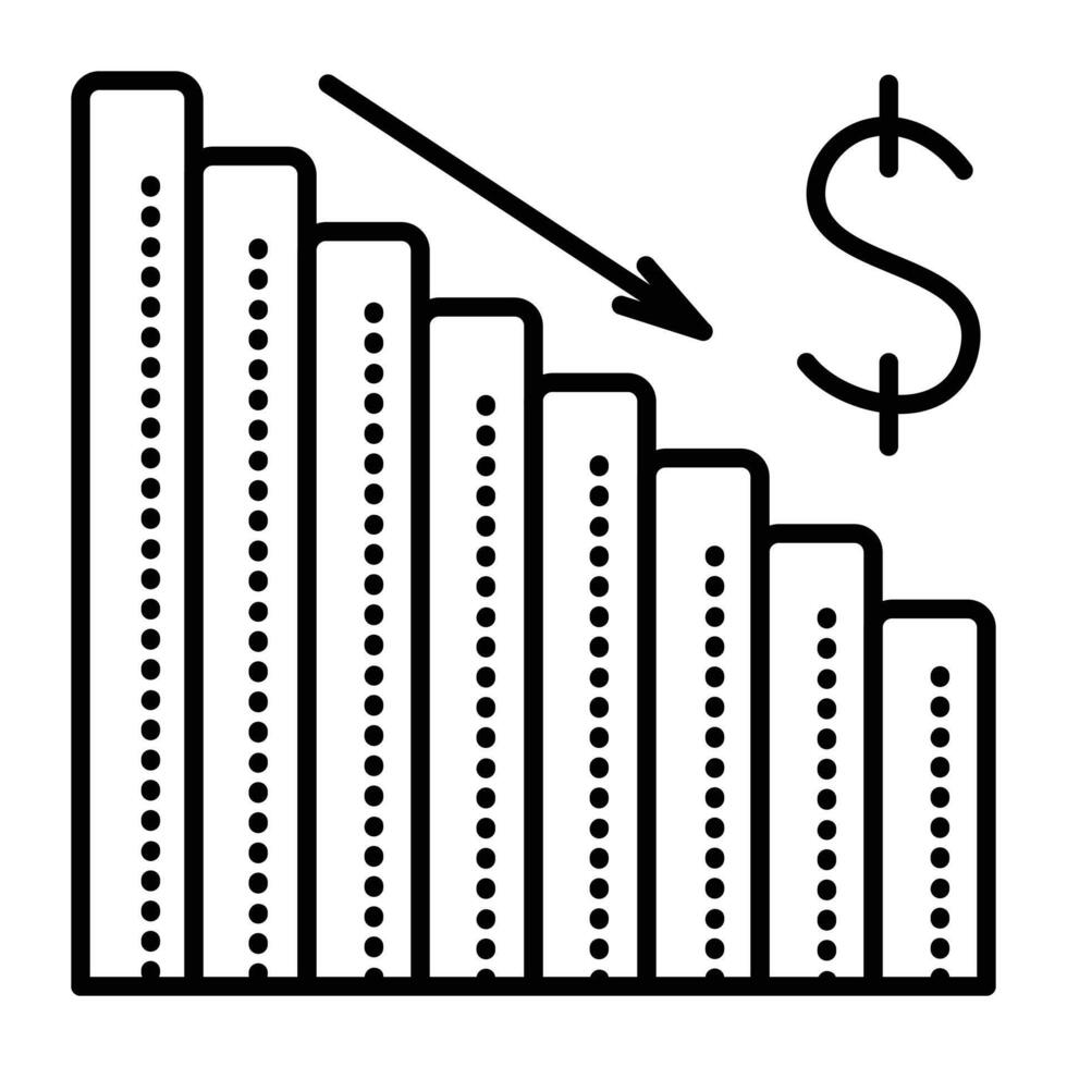 preço derrubar, Preto linha vetor ícone, finança e preço gráfico sinal, pictograma do vendas e descontos