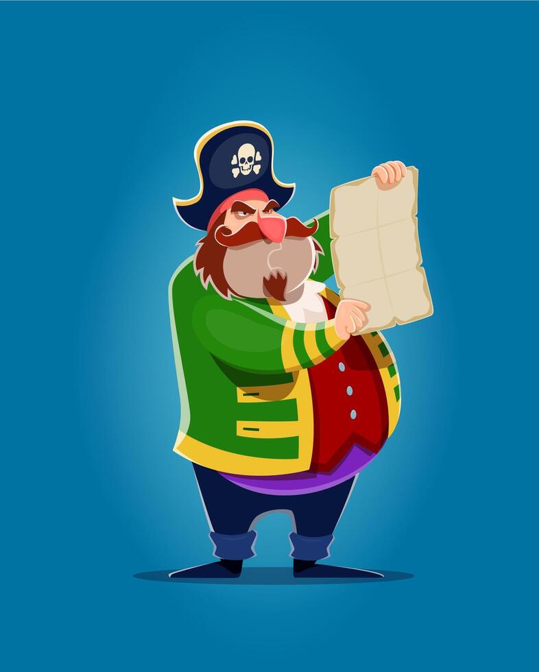 desenho animado pirata capitão marinheiro com tesouros mapa vetor